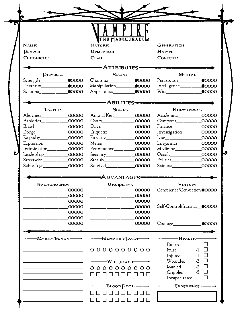 Vampire: The Masquerade Character Sheet